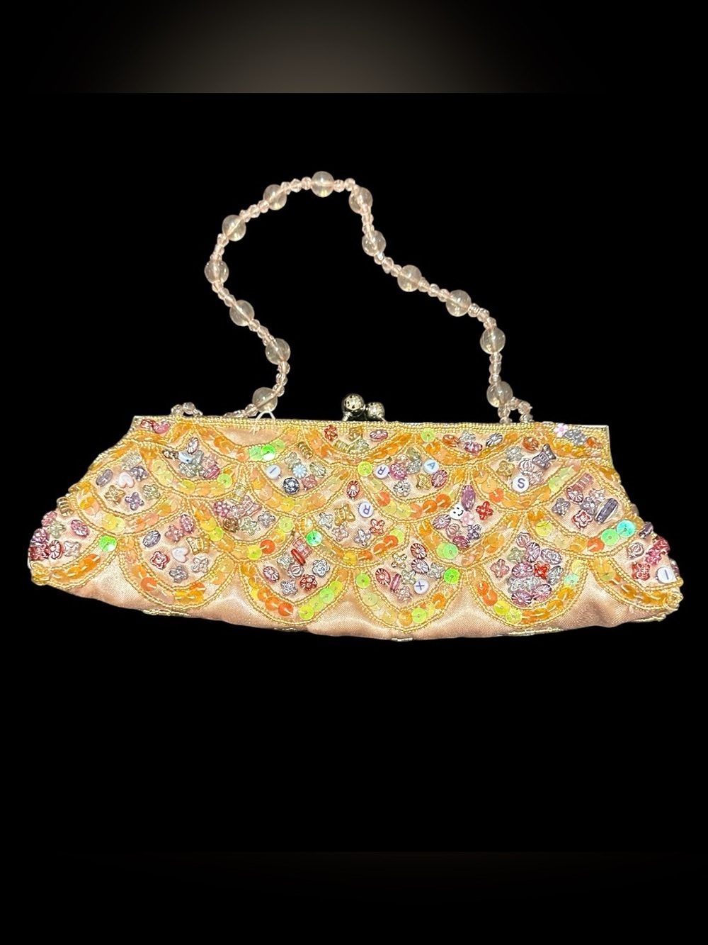 Vintage Beaded Sequin Evening Clutch Purse Scalloped Design Beaded Handle 10x4